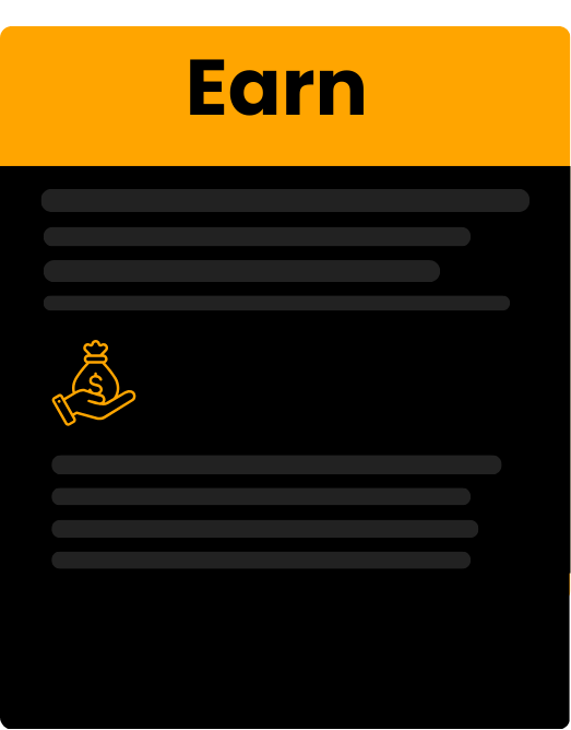 A graphic with a bold yellow header that says Earn. Below are black lines representing text and an orange icon of a hand holding a money bag, symbolizing the financial gains possible with virtual assistant services like Bookkeeping Assistants.