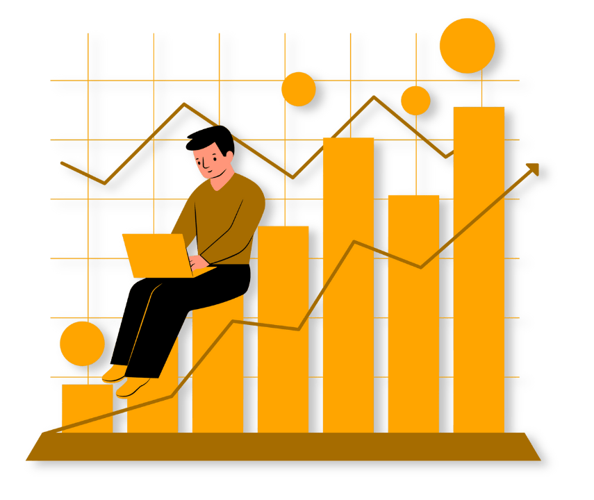 Illustration of a person sitting on a bar graph, using a laptop—perfect for showcasing virtual assistant services or Bookkeeping Assistants, with yellow bars rising and a line chart marking data points in the background.