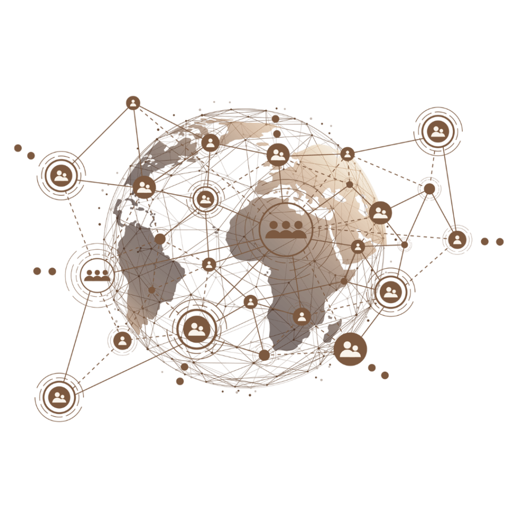 A digital illustration of the Earth with network lines and user icons connecting various points, symbolizing global communication—perfect for representing Social Media Virtual Assistants. The abstract style uses shades of brown and gold.