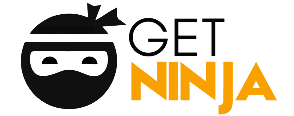 Logo with a black ninja face illustration next to the words GET NINJA. GET is in black, and NINJA is in bold orange letters—perfect for those seeking the best executive assistant service or professional virtual assistant services.
