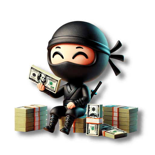 A cute cartoon ninja in black attire sits happily on bundles of cash, holding stacks of money and smiling, surrounded by piles of currency—just like a successful REAL ESTATE VIRTUAL ASSISTANT after closing multiple deals.