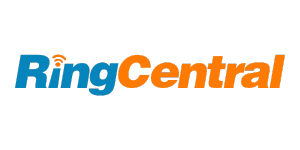 RingCentral logo with “Ring” in blue and “Central” in orange. An orange wireless signal icon appears above the letter i in Ring on a black background.