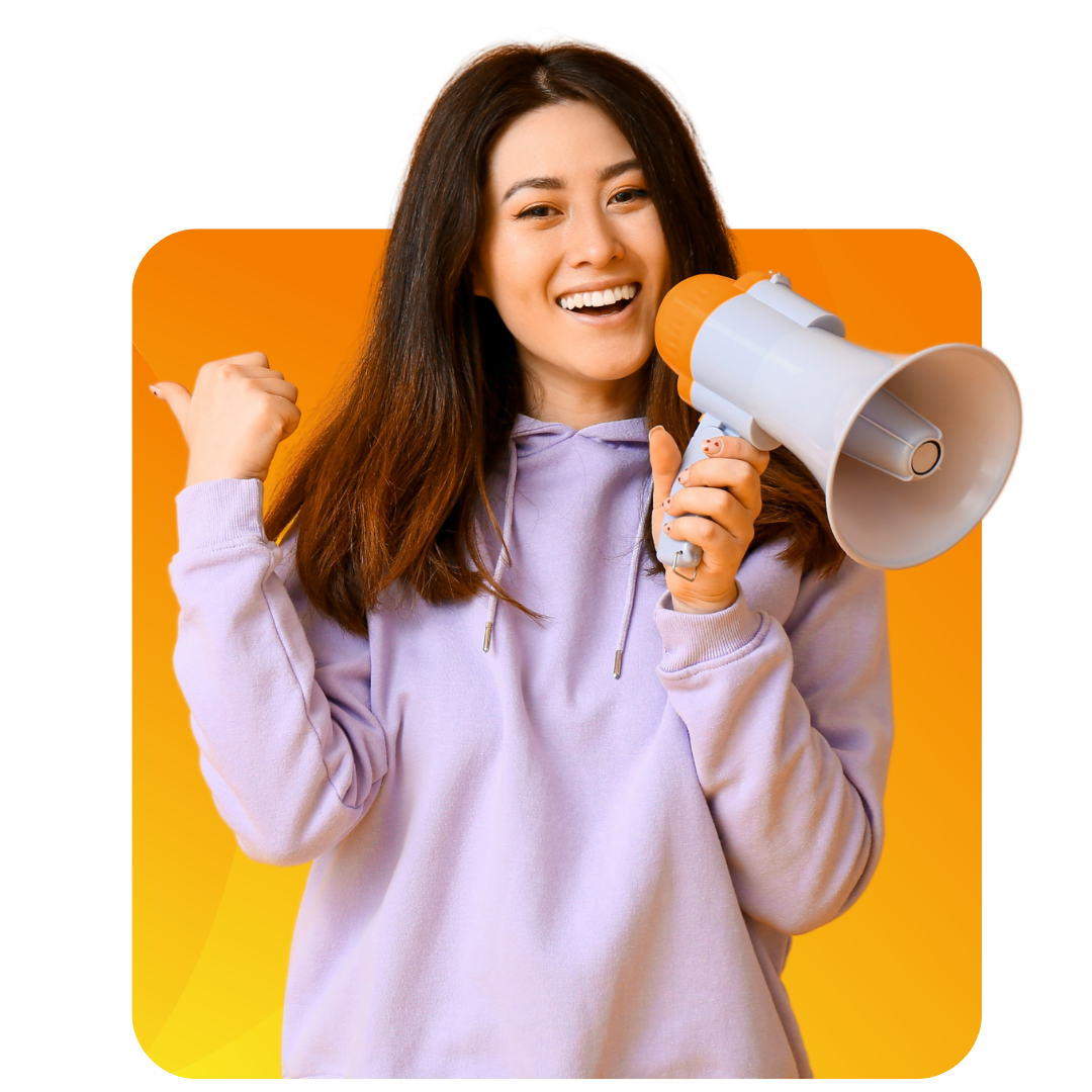 A smiling young woman in a lavender hoodie holds a megaphone and points her thumb over her shoulder, standing in front of an orange gradient background.