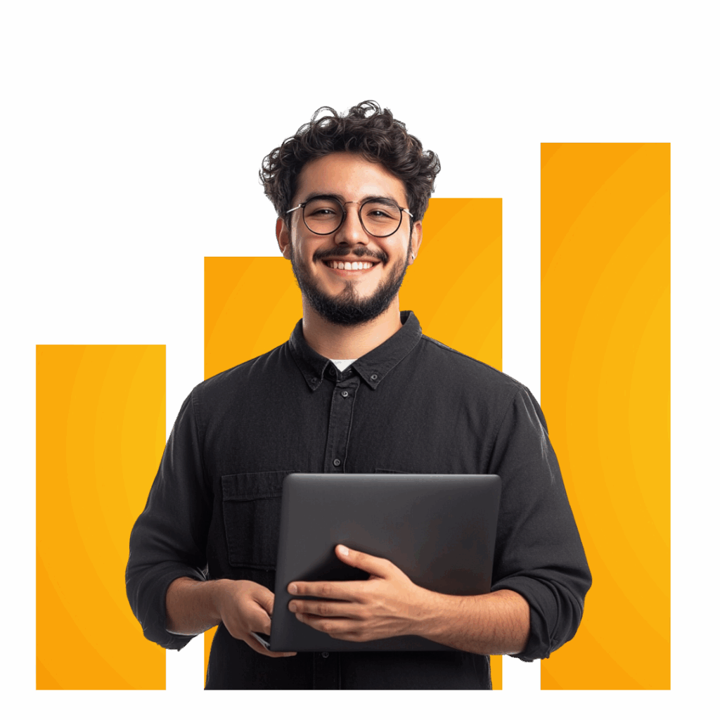 A smiling man with glasses and a beard holds a laptop, standing in front of three vertical yellow bar charts on a black background.